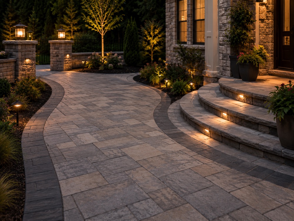 Paver walkway with landscape lighting by JC Pavers